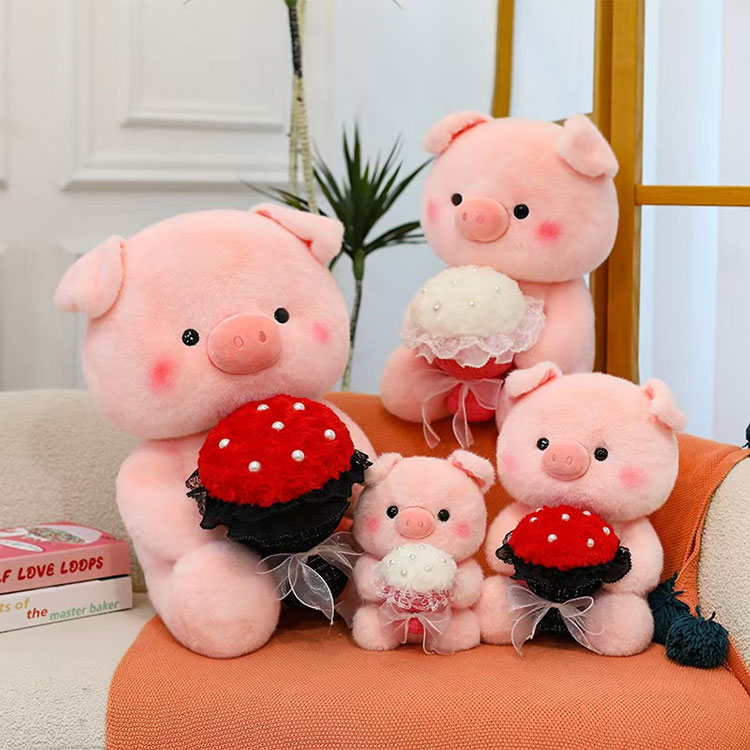 Pink Pig Holding Blomster Plys Legetøj